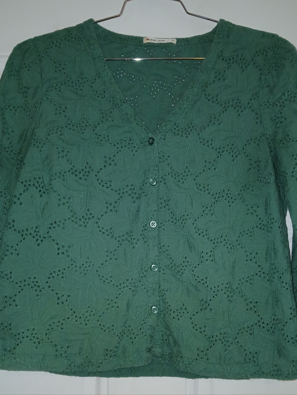 Beutiful MARINE LAYER Eyelete Peasant Colette Green Puffed Sleeve Top Size M